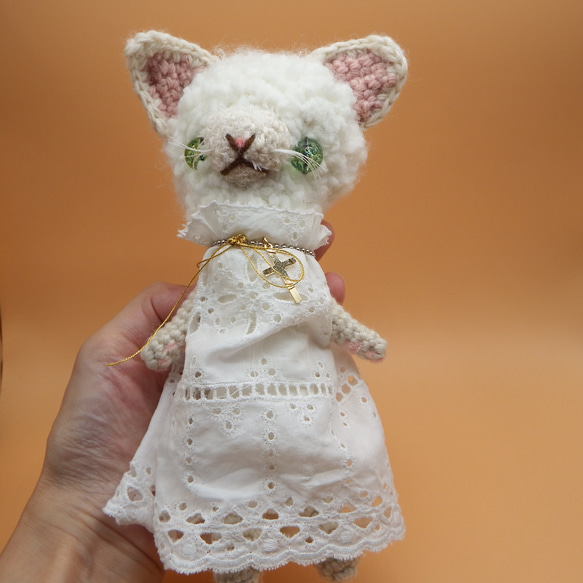 【あみぐるみ】White Star Cat 白い猫 スカラップレース【257】 13枚目の画像