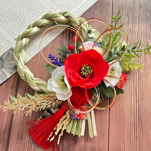 No.341 椿の紅白しめ縄リース2024 ハンドメイドお正月飾り玄関リース