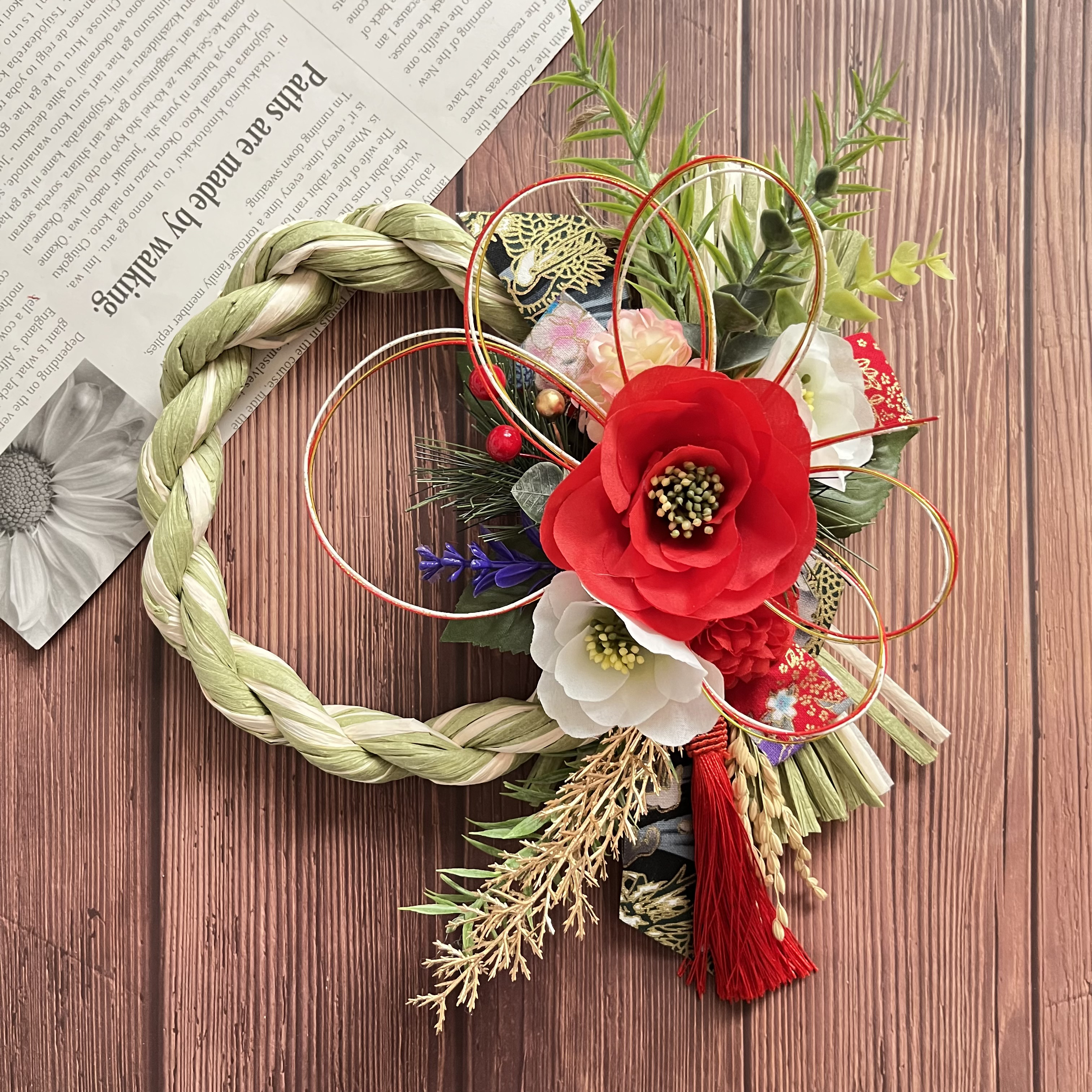 No.341 椿の紅白しめ縄リース2024 ハンドメイドお正月飾り玄関リース