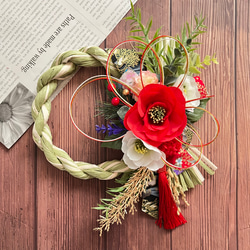 No.341 椿の紅白しめ縄リース2024 ハンドメイドお正月飾り玄関リース