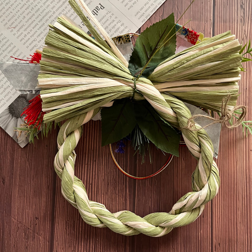 No.341 椿の紅白しめ縄リース2024 ハンドメイドお正月飾り玄関リース