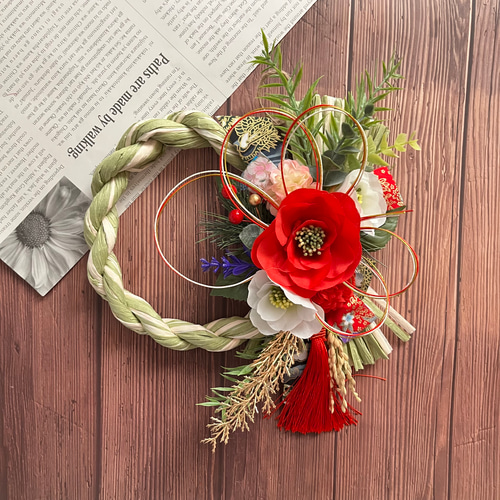 No.341 椿の紅白しめ縄リース2024 ハンドメイドお正月飾り玄関リース