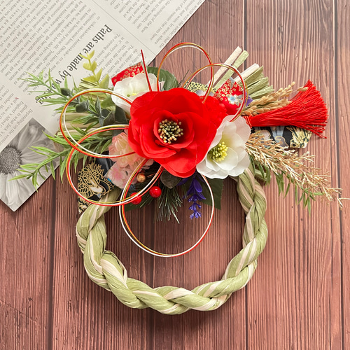 No.341 椿の紅白しめ縄リース2024 ハンドメイドお正月飾り玄関リース
