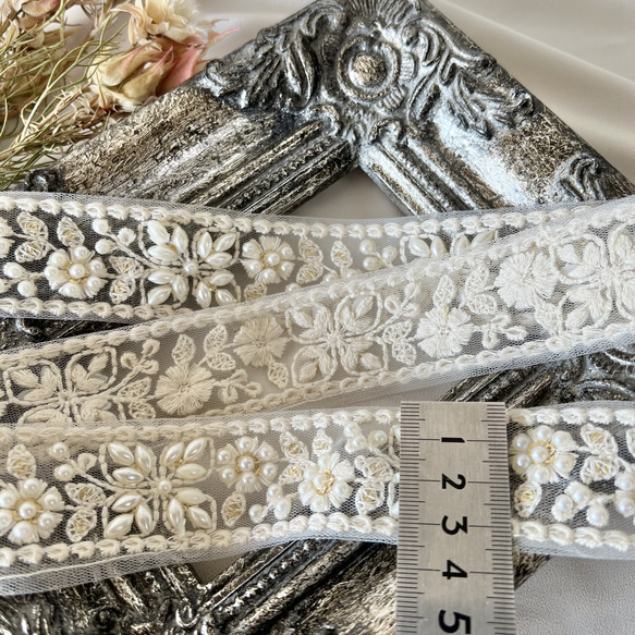 30cm/50cm  インド刺繍リボン  パール付き  花柄 2枚目の画像