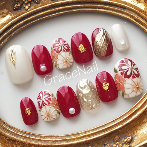 No.1125 現品販売！ネイルチップ ショート 成人式卒業式和柄振袖着物  