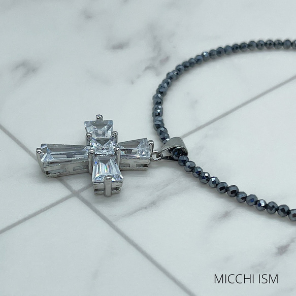 クリスタル十字架ペンダント モアサナイト テラヘルツ鉱石 2mm ミラーカット玉 ネックレス メンズ レディース 上品 5枚目の画像