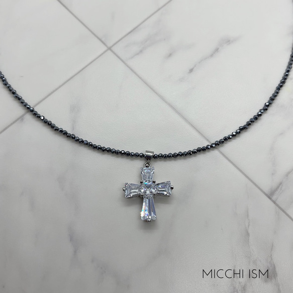クリスタル十字架ペンダント モアサナイト テラヘルツ鉱石 2mm ミラーカット玉 ネックレス メンズ レディース 上品 4枚目の画像