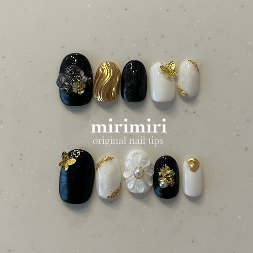 215 〗ネイルチップ 成人式ネイル 振袖ネイル 黒 シルバー ラメ 水引き  