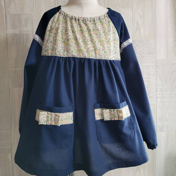 【受注80〜160】 リバティA ③ピンク ラセンビィコットン 長袖 スモック 切替 レース