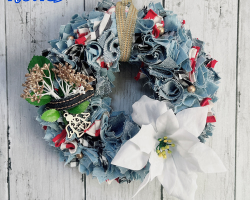 クリスマスリース　布リースクリスマス　フラワーリース 送料無料☆NO.483 デニムリース クリスマスリース ファブリックリース