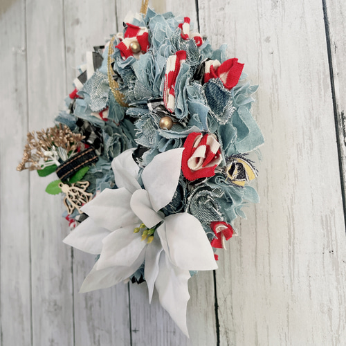 送料無料☆NO.483 デニムリース クリスマスリース ファブリックリース