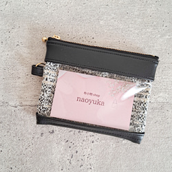 Mサイズ　透明窓付き　パスケース　ICカードケース　スマートキーポーチ　リール付き　ストラップ　ツイード　白黒ミックス 2枚目の画像