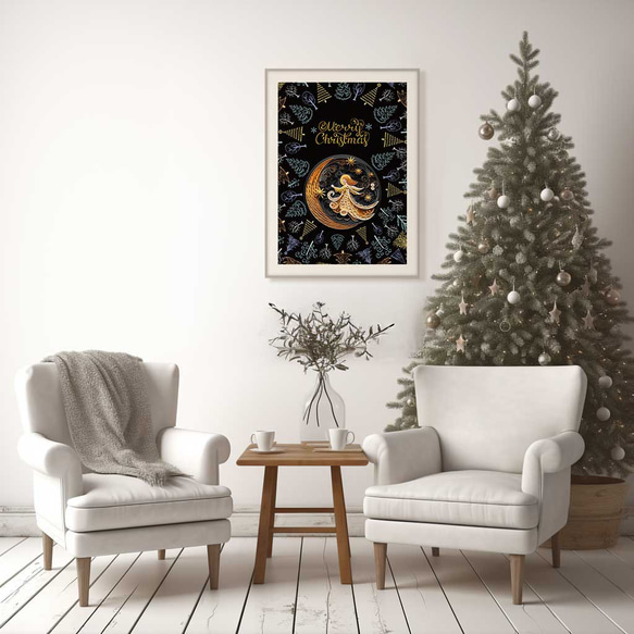 北欧風幻想アート『星降る夜のエンジェル』クリスマスポスター - 高級感あふれるクリスマス雑貨 4枚目の画像