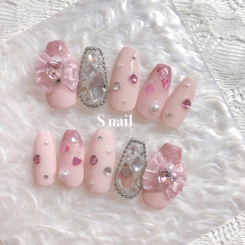 ネイルチップ フレンチガーリー ハートホロ リボン