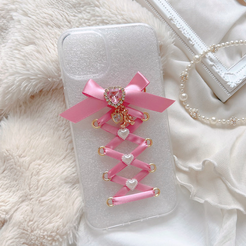 スマホケースで推し活♡レースアップ リボン iPhoneケースʚɞ