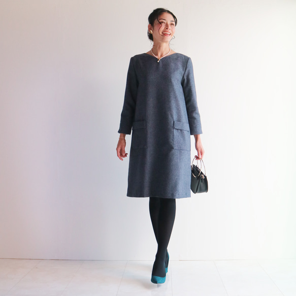 秋冬新品【海軍藍】人字紋羊毛布料方格洋裝♥ 第6張的照片