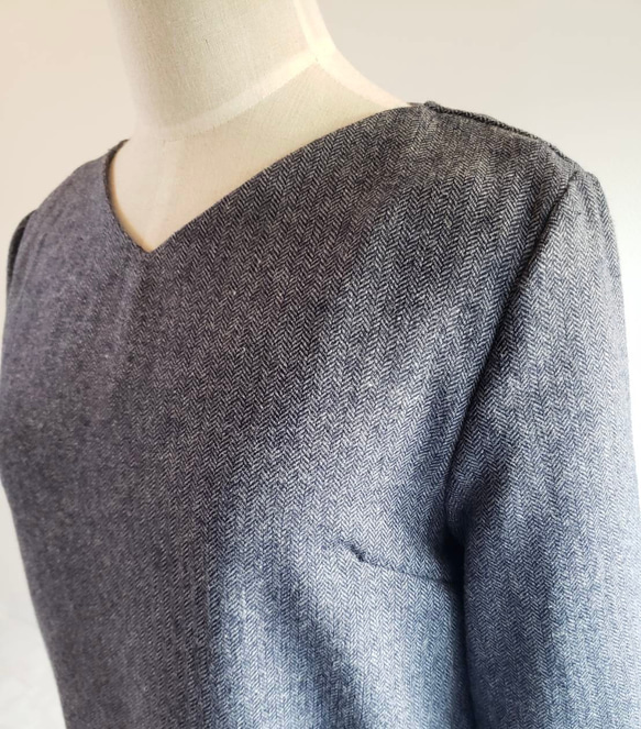 秋冬新品【海軍藍】人字紋羊毛布料方格洋裝♥ 第8張的照片