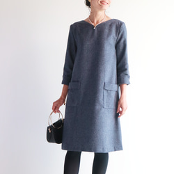 秋冬新品【海軍藍】人字紋羊毛布料方格洋裝♥ 第3張的照片
