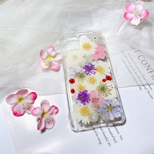ハンドメイド押し花スマホケース　全機種対応 hanahana-gluck_uv0000610
