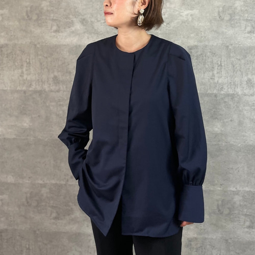 ネイビー　シースルー リボン付き長袖ブラウス ネイビーシースルー リボン付き長袖ブラウス