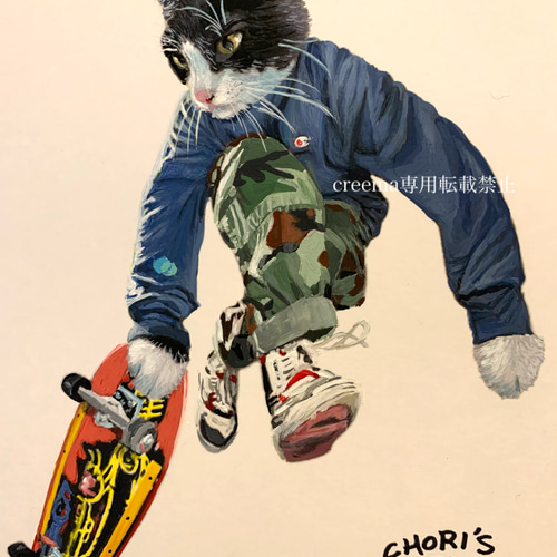 絵/絵画/スケボーするハチワレ/原画/B5/アクリル画/手書き/猫