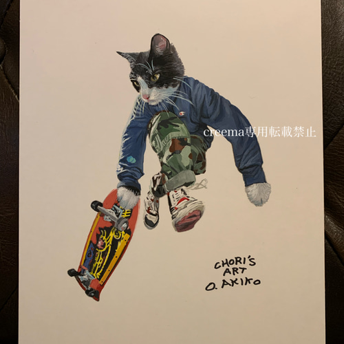 原画 アクリル画 【パドック】 絵/絵画/スケボーするハチワレ/原画/B5/アクリル画/手書き/猫