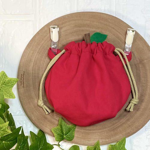 りんご*　移動ポケット 移動ポケット 巾着 りんご アップル クリップ 蓋なし フタなし 通園