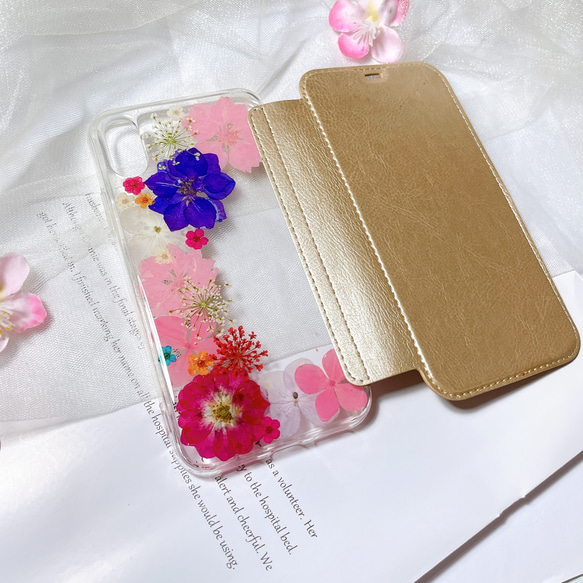 全機種対応･.｡*･iPhoneSE2 手帳型押し花ケース☆花柄☆スマホケースiPhone14☆15 2枚目の画像