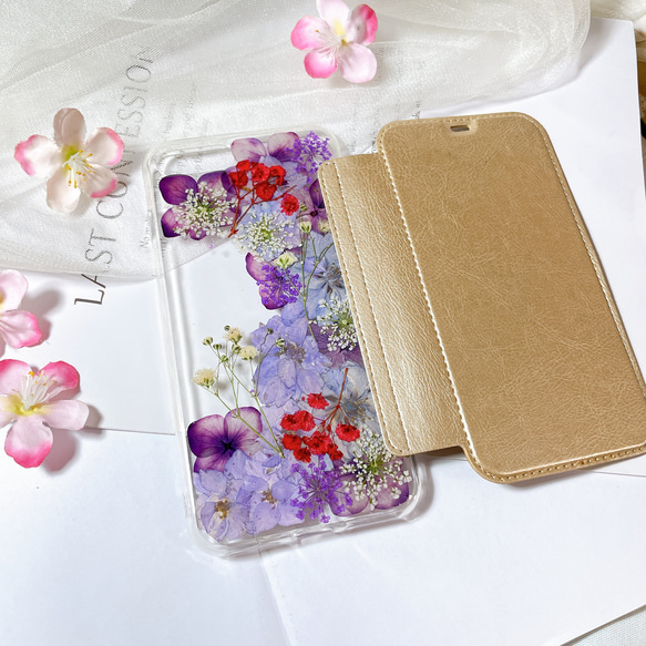 全機種対応･.｡*･iPhone15 手帳型押し花ケース☆花柄☆スマホケースiPhone14☆SE2 2枚目の画像