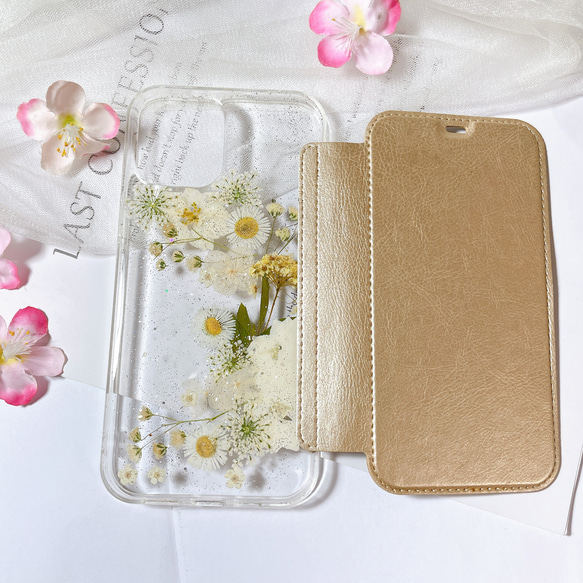 全機種対応･.｡*･iPhone15 手帳型押し花ケース☆花柄☆スマホケースiPhone14☆SE2 1枚目の画像