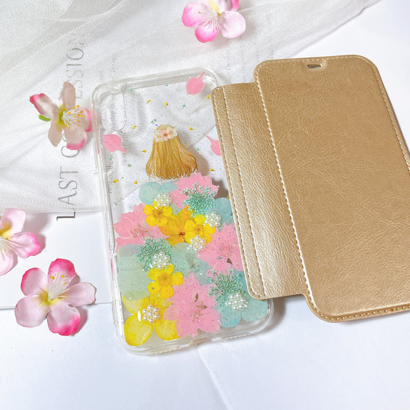 全機種対応･.｡*･iPhone15 手帳型押し花ケース☆花柄☆スマホケースiPhone14☆SE2 1枚目の画像