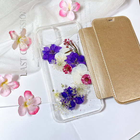 全機種対応･.｡*･iPhone15 手帳型押し花ケース☆花柄☆スマホケースiPhone14☆XSMAX 2枚目の画像