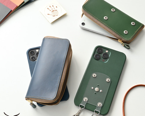 ラウンドファスナーポーチ付 スマホケース 【 イタリアンレザー