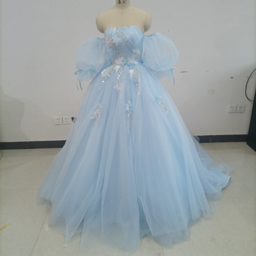 カラードレス ブルー オフショルダー ふわふわドレス ソフトチュール  