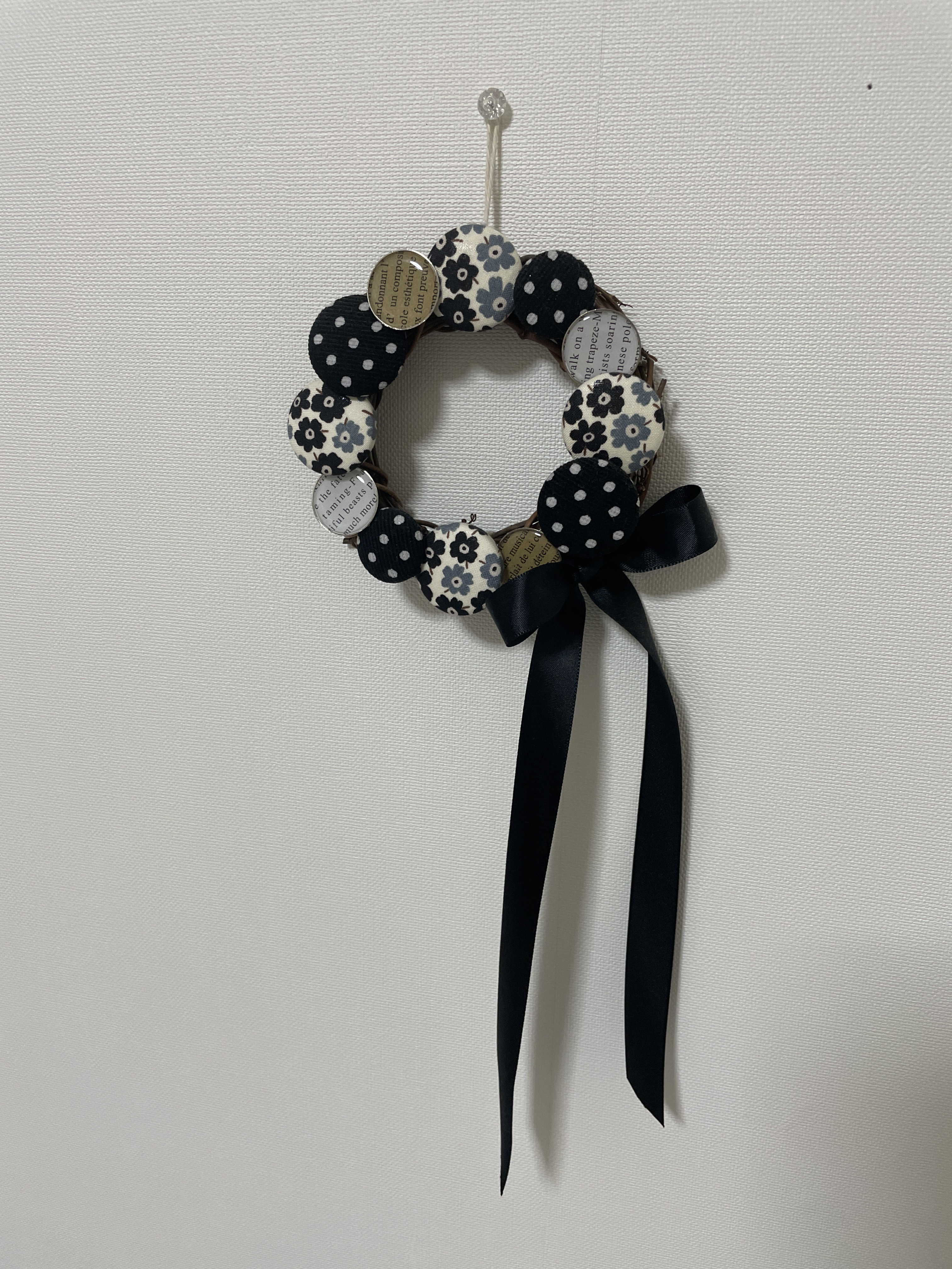 mamerin♪シュシュ付　黒色シングルリボン　くるみボタン 3個セット