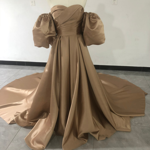 エレガント カラードレス カーキ色 ベアトップ ロングトレーン 二次会  