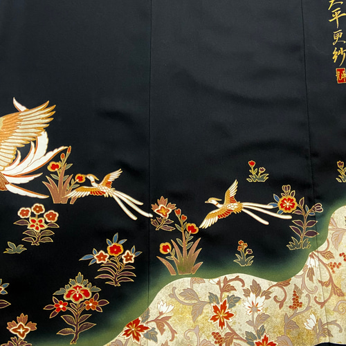 着物リメイク 黒留袖ドレス 金とプラチナ 鳳凰 ギャザースリーブ 着物リメイク 黒留袖ドレス 金とプラチナ 鳳凰 ギャザースリーブ