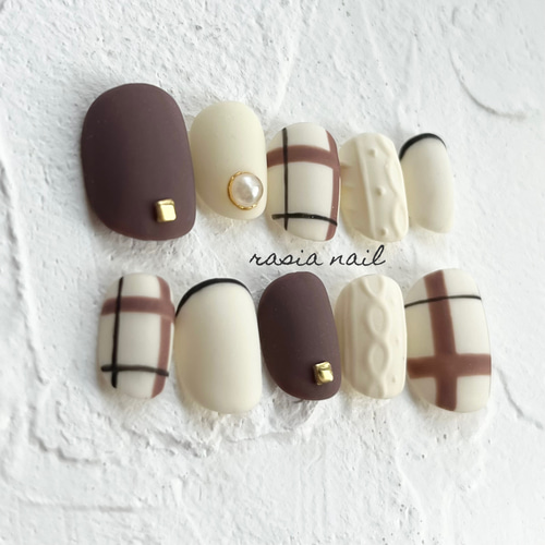ネイルチップ オーダー 冬 チェック 韓国 ニット ベージュ ブラウン リボン ネイルチップ オーダー 冬 チェック 韓国 ニット ベージュ