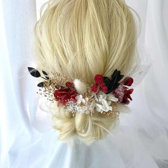赤×白 ドライフラワー ヘアアクセ 成人式 卒業式 結婚式 ヘッドアクセ 水引 金箔 髪飾り 前撮り ウェディング 1枚目の画像