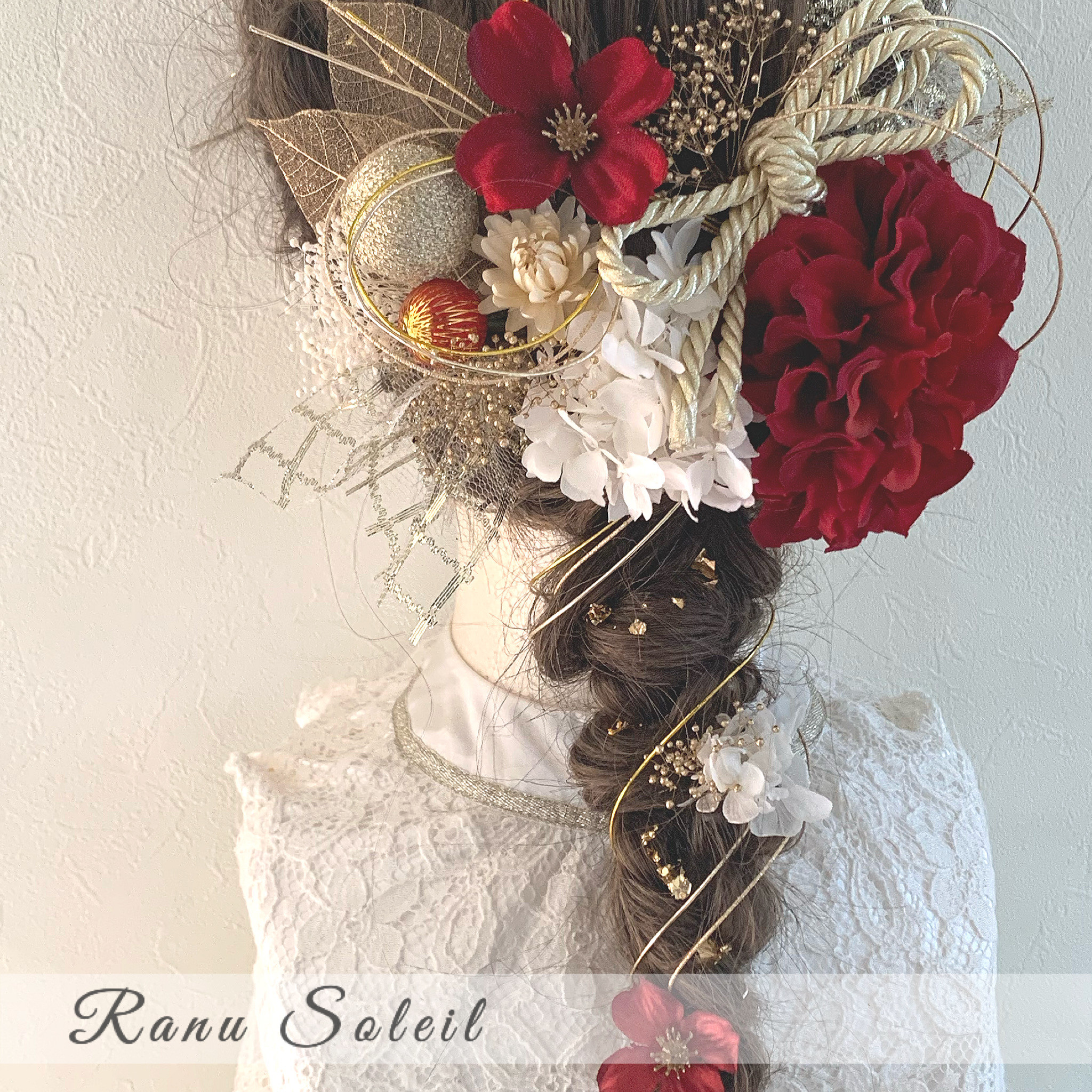 ヘッドドレス DAHLIA RED White 髪飾り 振袖 袴 成人式 卒業式 結婚式 和紐 和玉 水引