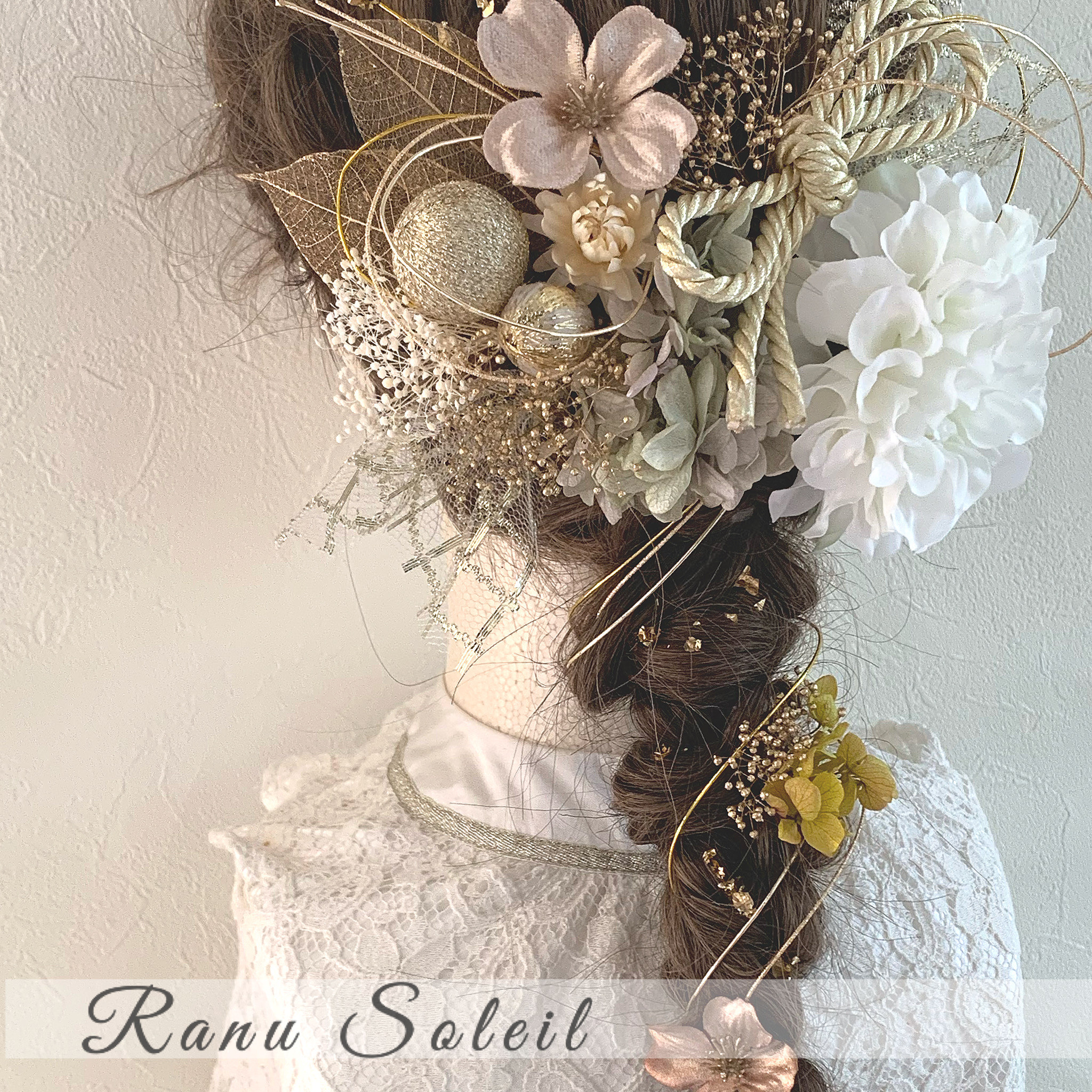 ヘッドドレス DAHLIA White green 髪飾り 振袖 袴 成人式 卒業式 結婚式 和紐 和玉 水引