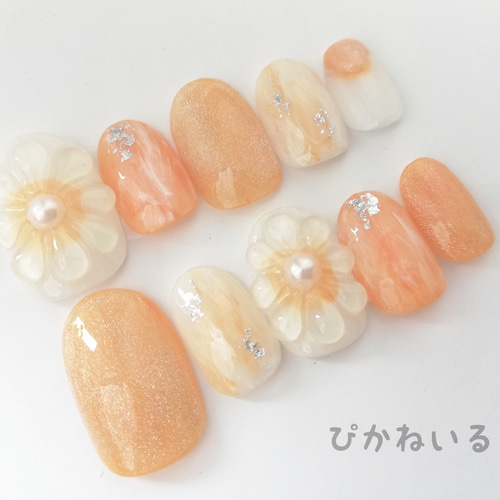 柔らかオレンジ,ぷっくりフラワー春ネイル ネイルチップ（つけ爪