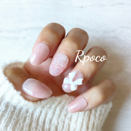 ネイルチップ グラデ ワンホン リボン ビジュー ピクシー ピンクラメ