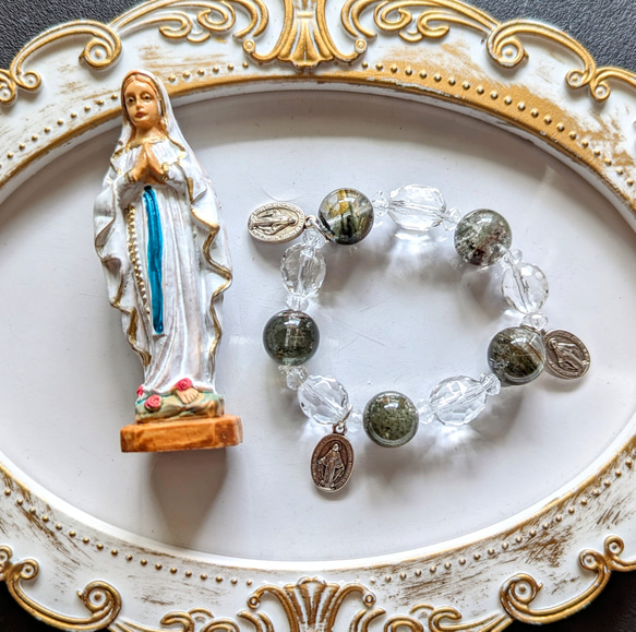 ✨giftset✨ルルドの聖母様とガーデンクォーツのお祈りリング（メダイ付）のset✨ 1枚目の画像