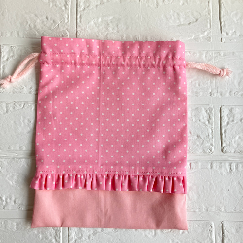 Tan♡様　確認用　ドット×チェリーピンク　弁当袋　フリル　裏地あり　給食セット Tan♡様確認用ドット×チェリーピンク弁当袋フリル裏地あり給食セット