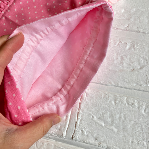 21(24.5)×20】裏地付き片面フリル巾着袋（ピンク水玉×ピンク無地