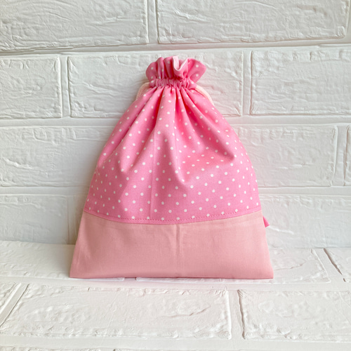 21(24.5)×20】裏地付き片面フリル巾着袋（ピンク水玉×ピンク無地