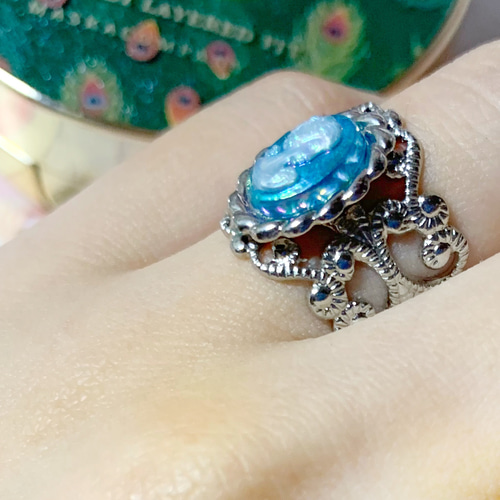 オーロラ ブルー カメオ シルバーリング 指輪 地雷 大人かわいい ら