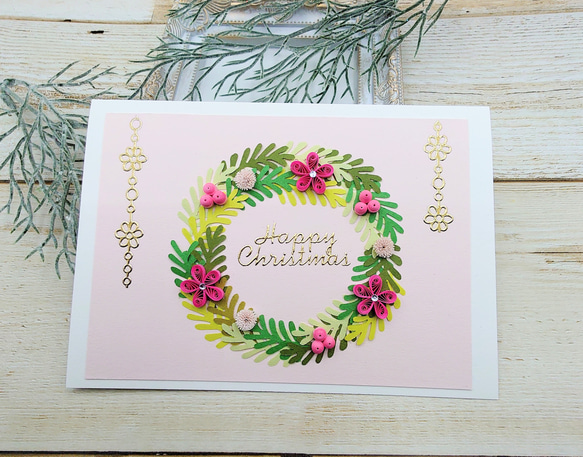 リースと小花のクリスマスカード(ピンク) 1枚目の画像