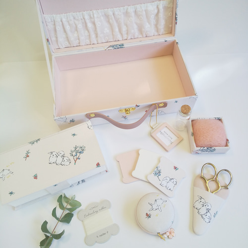 裁縫箱　すずらん　ミュゲ　ヴィクトリアン　カルトナージュ　ハンドメイド 再販 トランク型お裁縫箱とカルトナージュのお裁縫道具のセット（Bunny